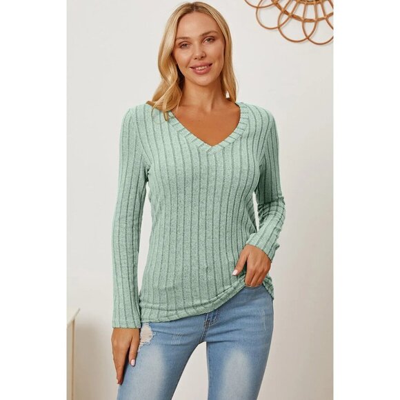 Basic Bae Full Size Ribbed V-Neck Long Sleeve T-Shirt - Picture 3 of 11